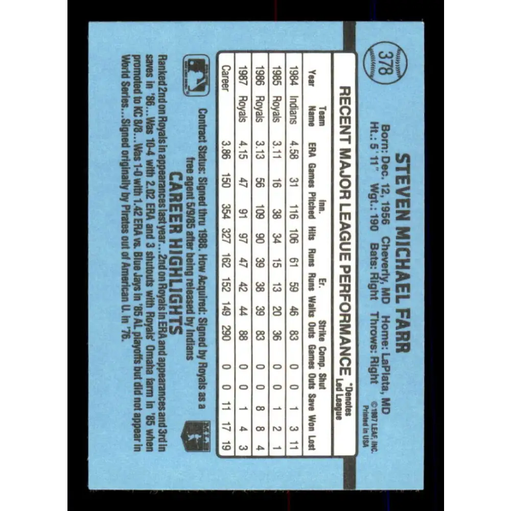 1988 Donruss #378 Steve Farr EX Kansas City Royals Baseball Card Image 2
