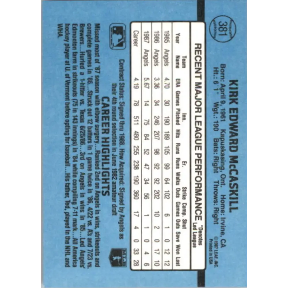 1988 Donruss #381 Kirk McCaskill EX California Angels Baseball Card Image 2