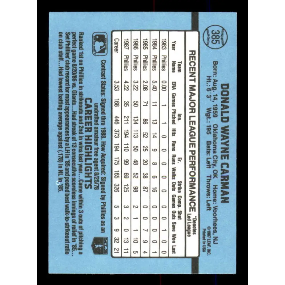 1988 Donruss #385 Don Carman EX Philadelphia Phillies Baseball Card Image 2