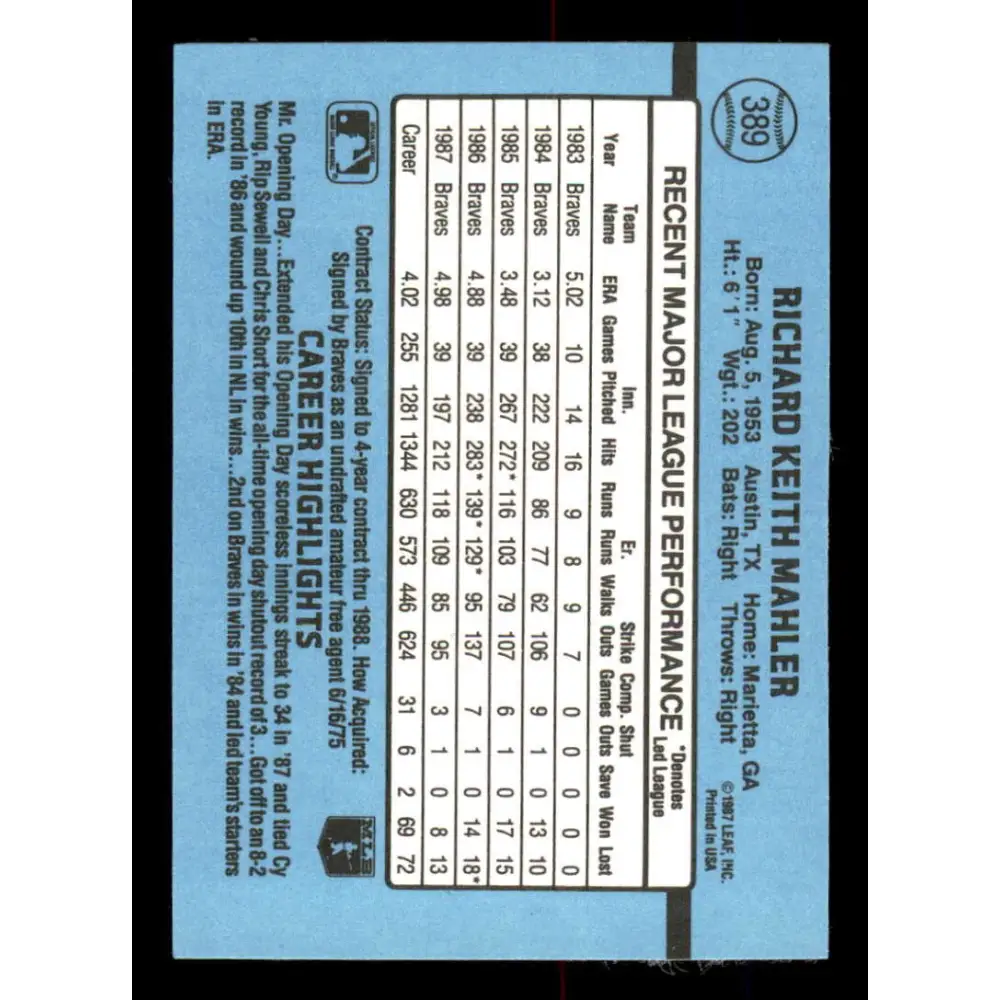 1988 Donruss #389 Rick Mahler EX Atlanta Braves Baseball Card Image 2