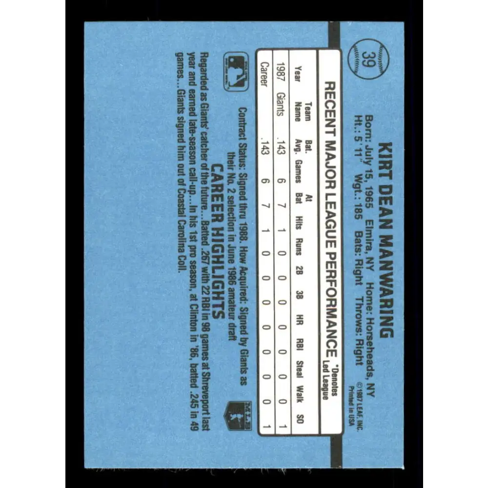 1988 Donruss #39 Kirt Manwaring EX RC Rookie San Francisco Giants Baseball Card Image 2