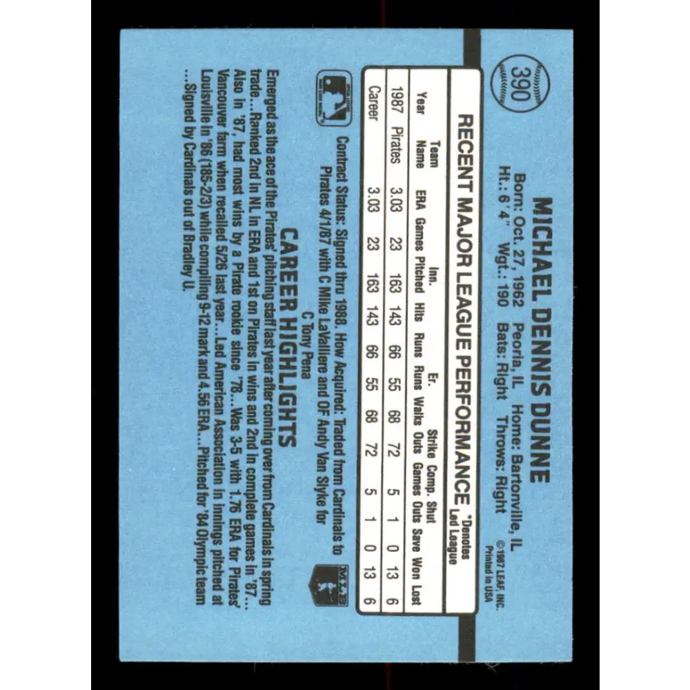 1988 Donruss #390 Mike Dunne EX Pittsburgh Pirates Baseball Card Image 2