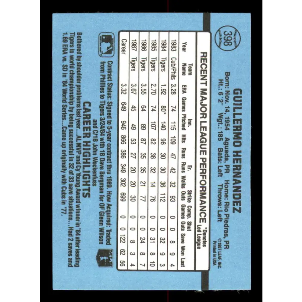 1988 Donruss #398 Willie Hernandez EX Detroit Tigers Baseball Card Image 2