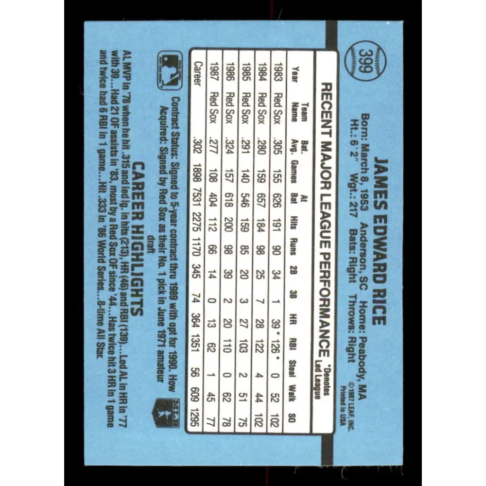 1988 Donruss #399 Jim Rice EX Boston Red Sox Baseball Card Image 2