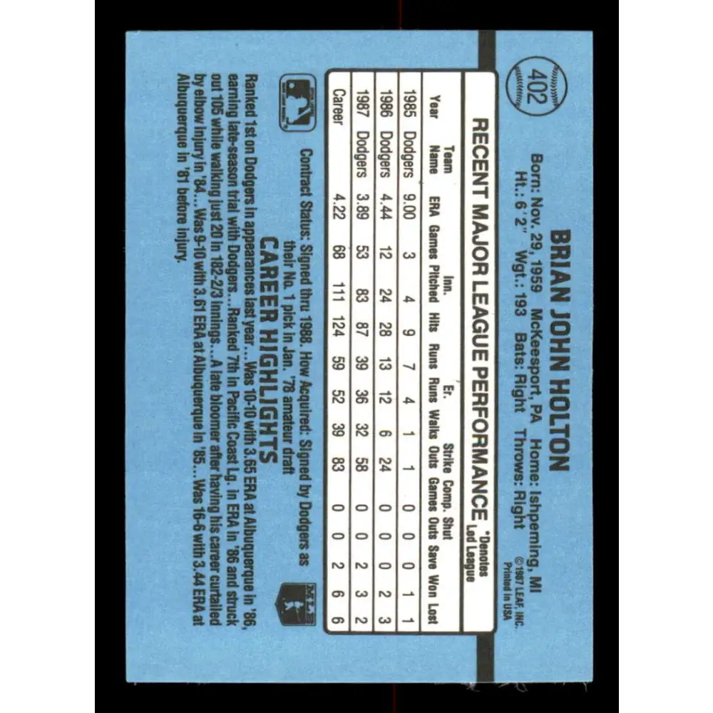 1988 Donruss #402 Brian Holton EX Los Angeles Dodgers Baseball Card Image 2