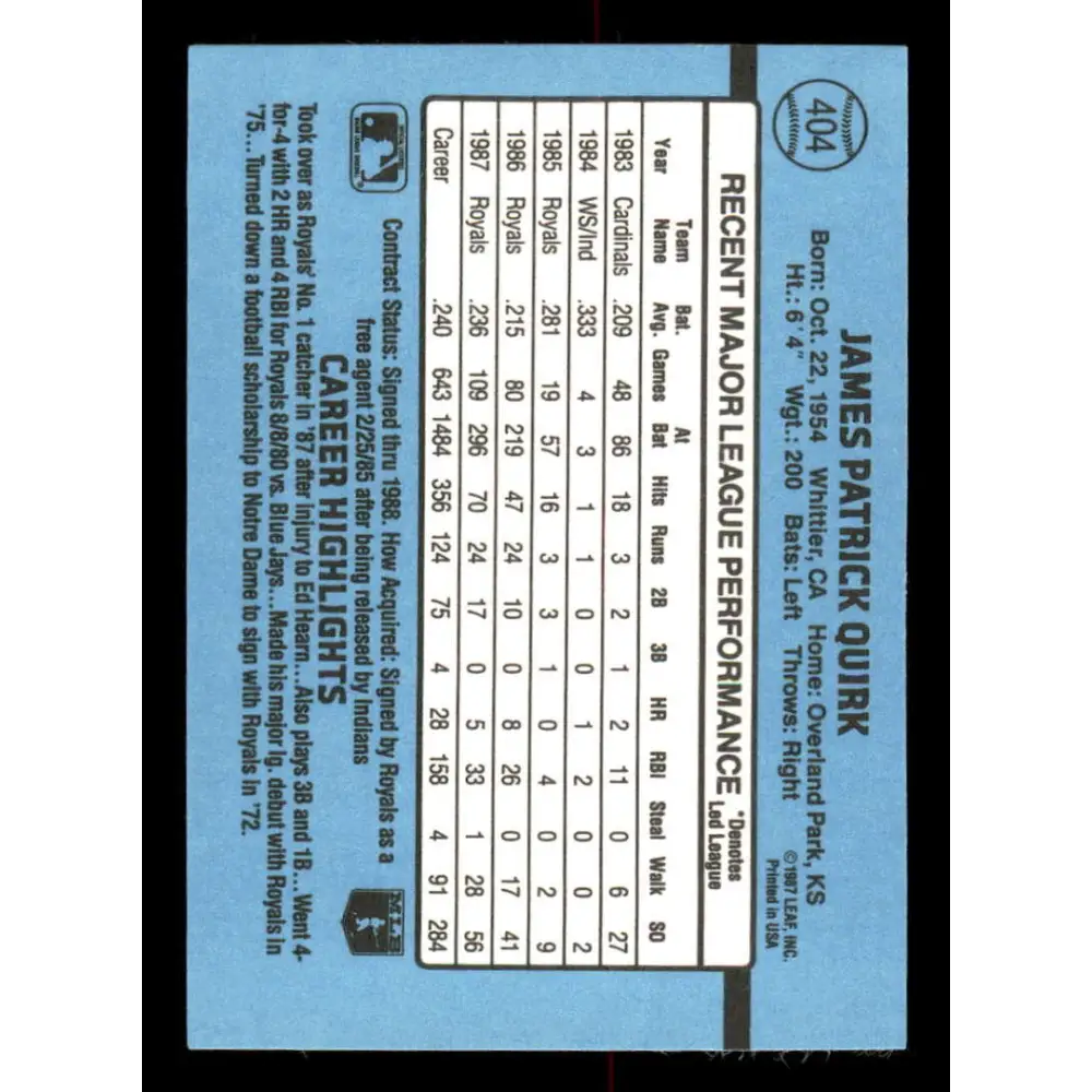 1988 Donruss #404 Jamie Quirk EX Kansas City Royals Baseball Card Image 2
