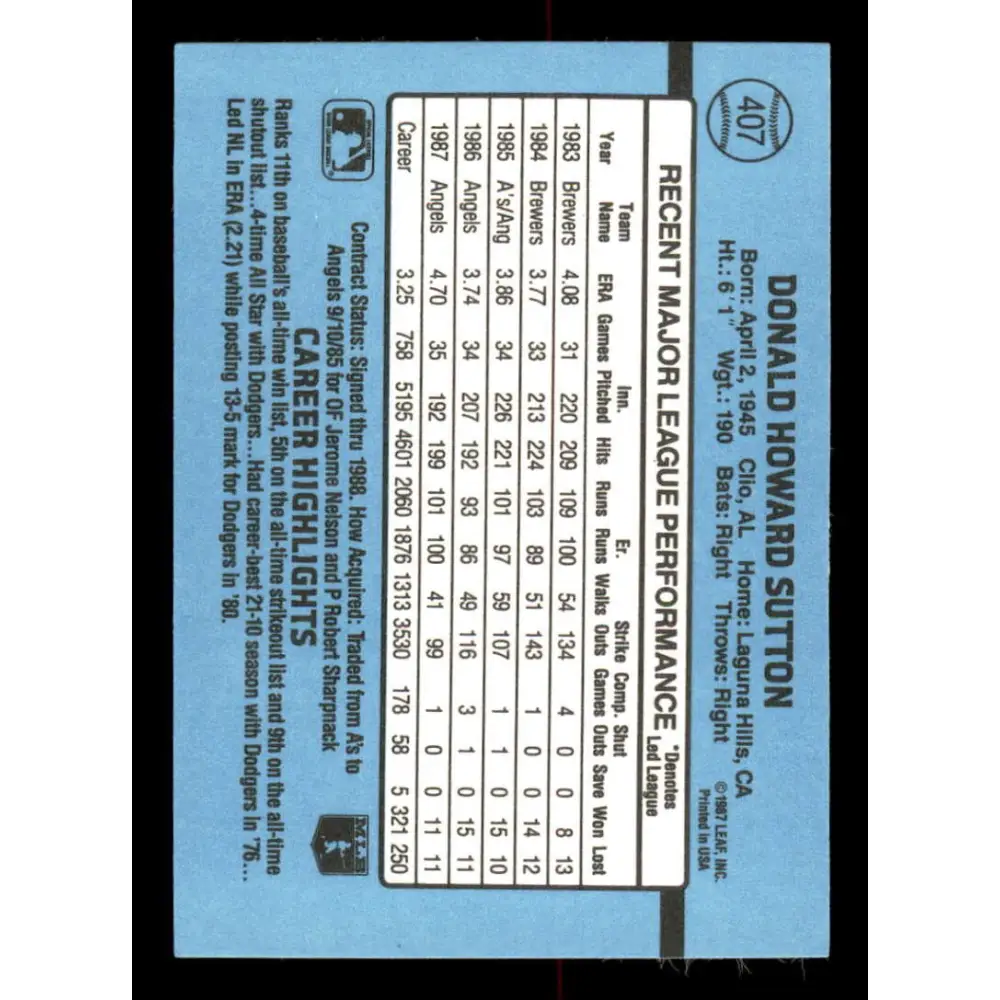 1988 Donruss #407 Don Sutton EX California Angels Baseball Card Image 2