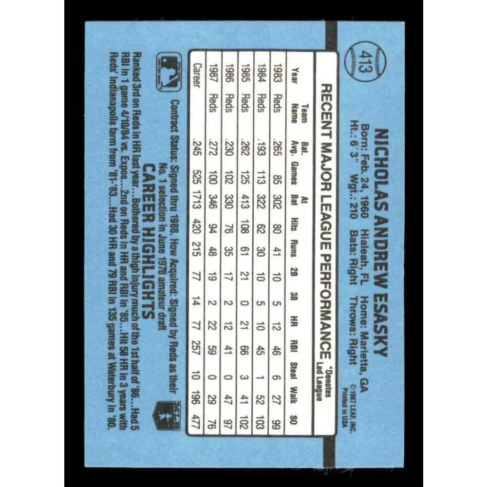 1988 Donruss #413 Nick Esasky EX Cincinnati Reds Baseball Card Image 2