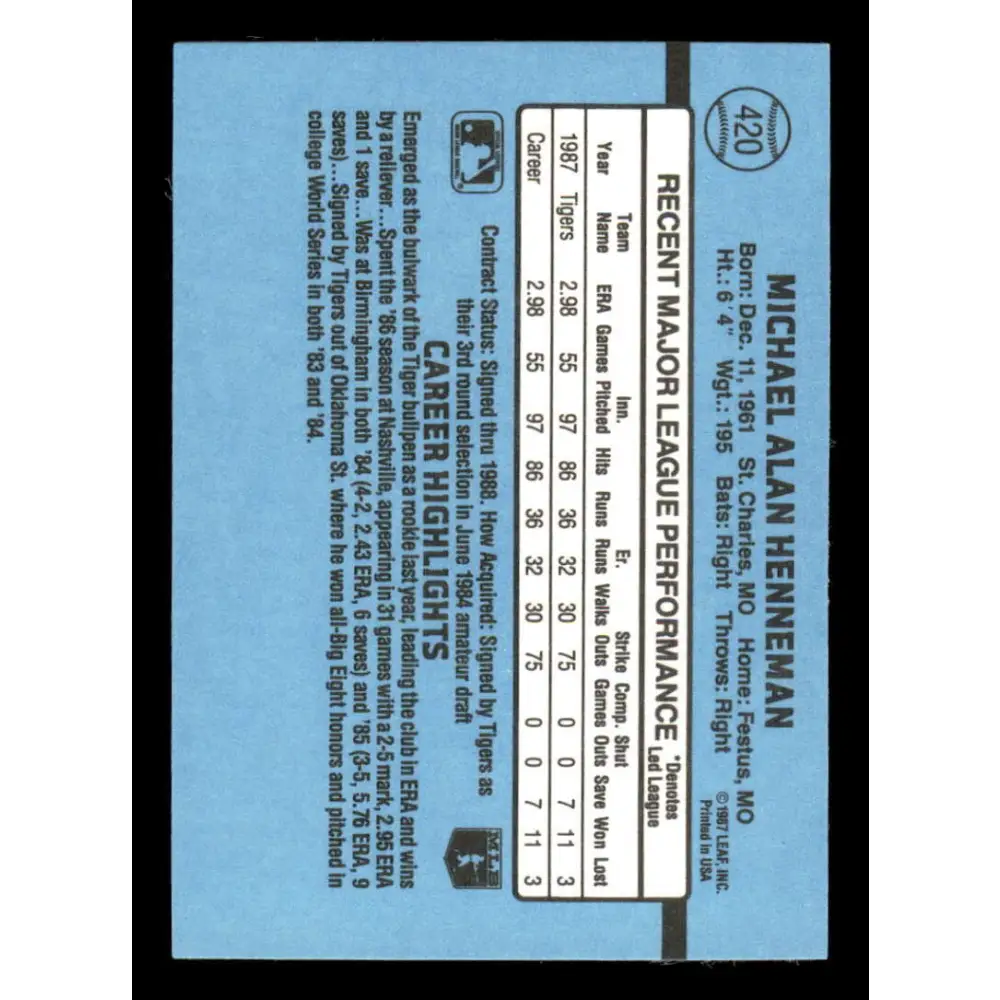 1988 Donruss #420 Mike Henneman EX RC Rookie Detroit Tigers Baseball Card Image 2