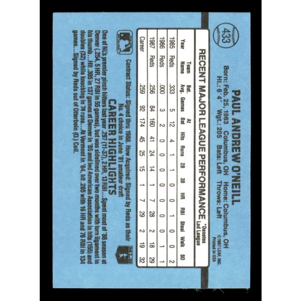 1988 Donruss #433 Paul O'Neill EX Cincinnati Reds Baseball Card Image 2