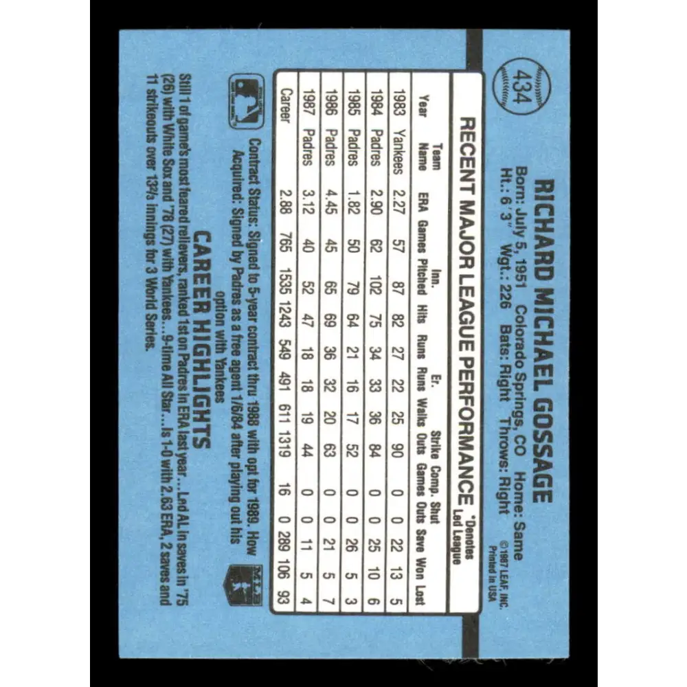 1988 Donruss #434 Rich Gossage EX San Diego Padres Baseball Card Image 2