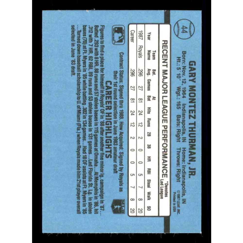 1988 Donruss #44 Gary Thurman EX Kansas City Royals Baseball Card Image 2