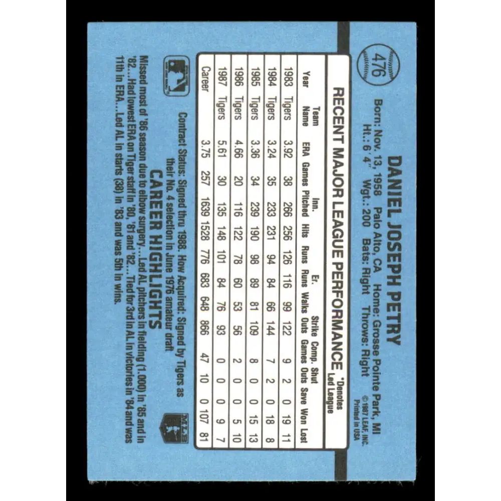 1988 Donruss #476 Dan Petry EX Detroit Tigers Baseball Card Image 2