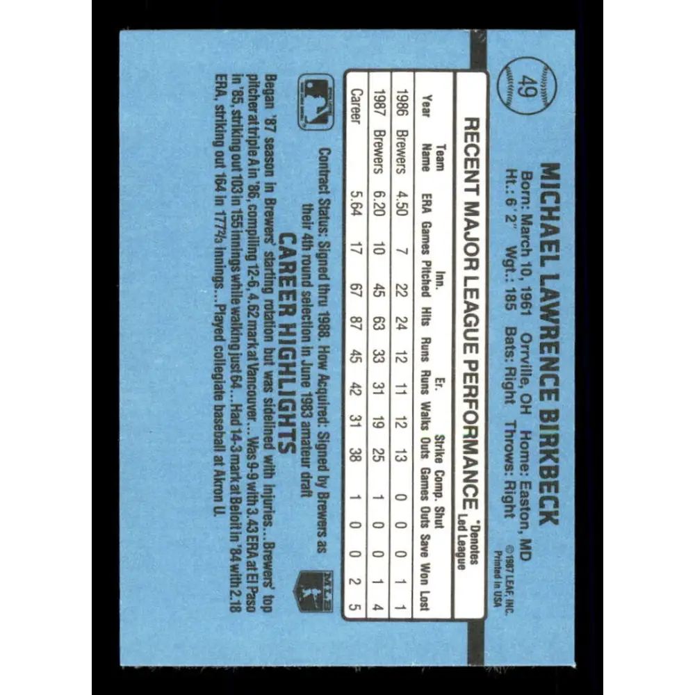 1988 Donruss #49 Mike Birkbeck EX Milwaukee Brewers Baseball Card Image 2