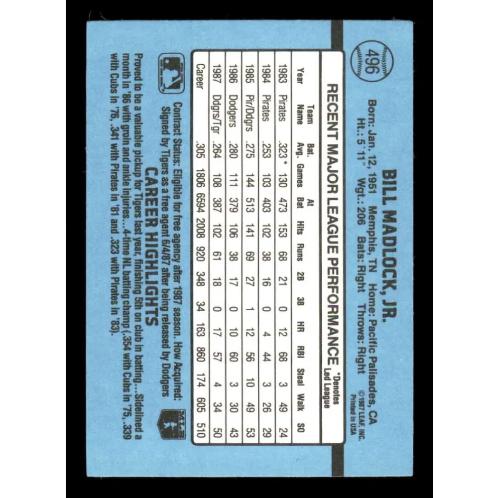 1988 Donruss #496 Bill Madlock EX Detroit Tigers Baseball Card Image 2
