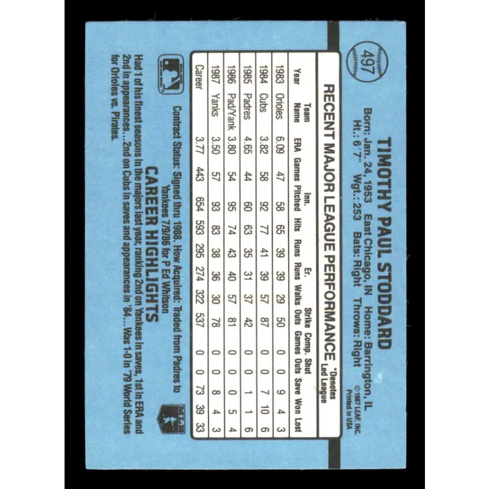 1988 Donruss #497 Tim Stoddard EX New York Yankees Baseball Card Image 2