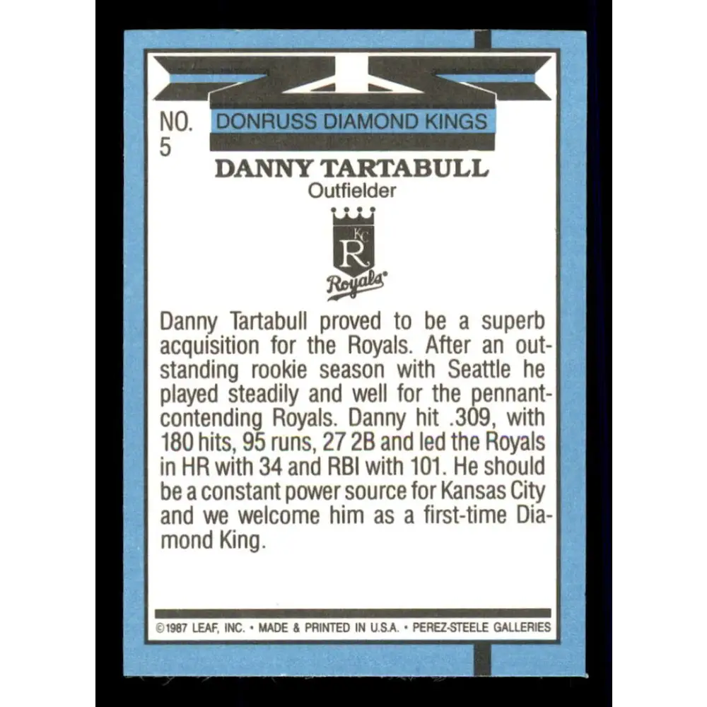 1988 Donruss #5 Danny Tartabull DK EX Kansas City Royals Baseball Card Image 2