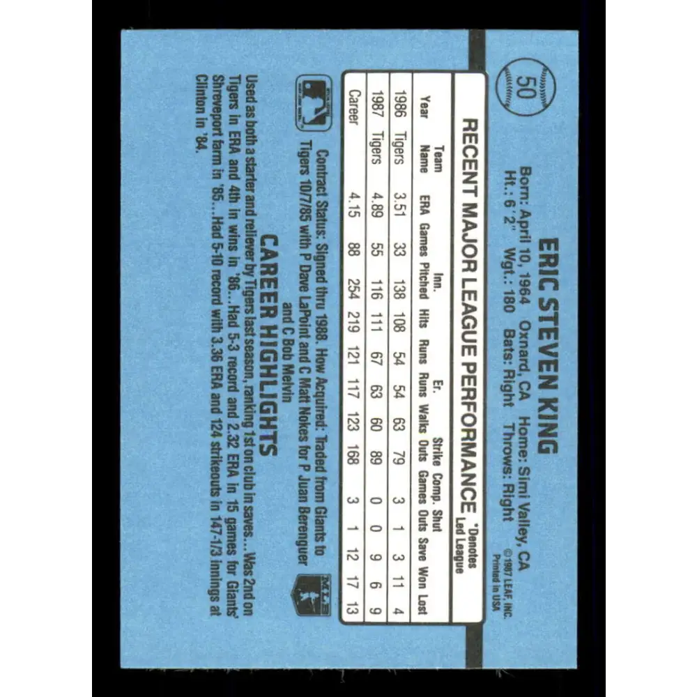 1988 Donruss #50 Eric King EX Detroit Tigers Baseball Card Image 2