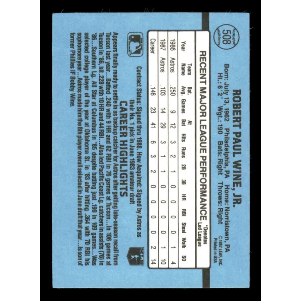 1988 Donruss #508 Robbie Wine EX Houston Astros Baseball Card Image 2