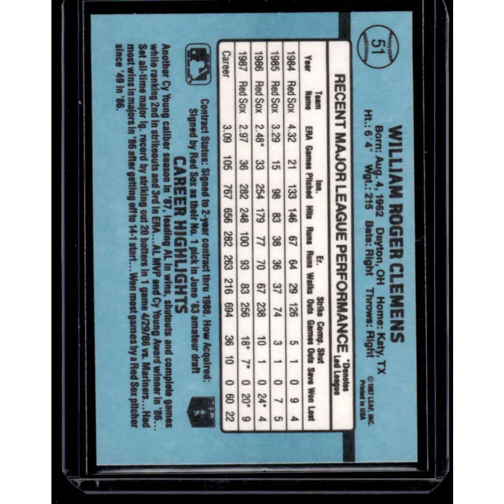 1988 Donruss #51 Roger Clemens Boston Red Sox NM-MT Baseball Card Image 2