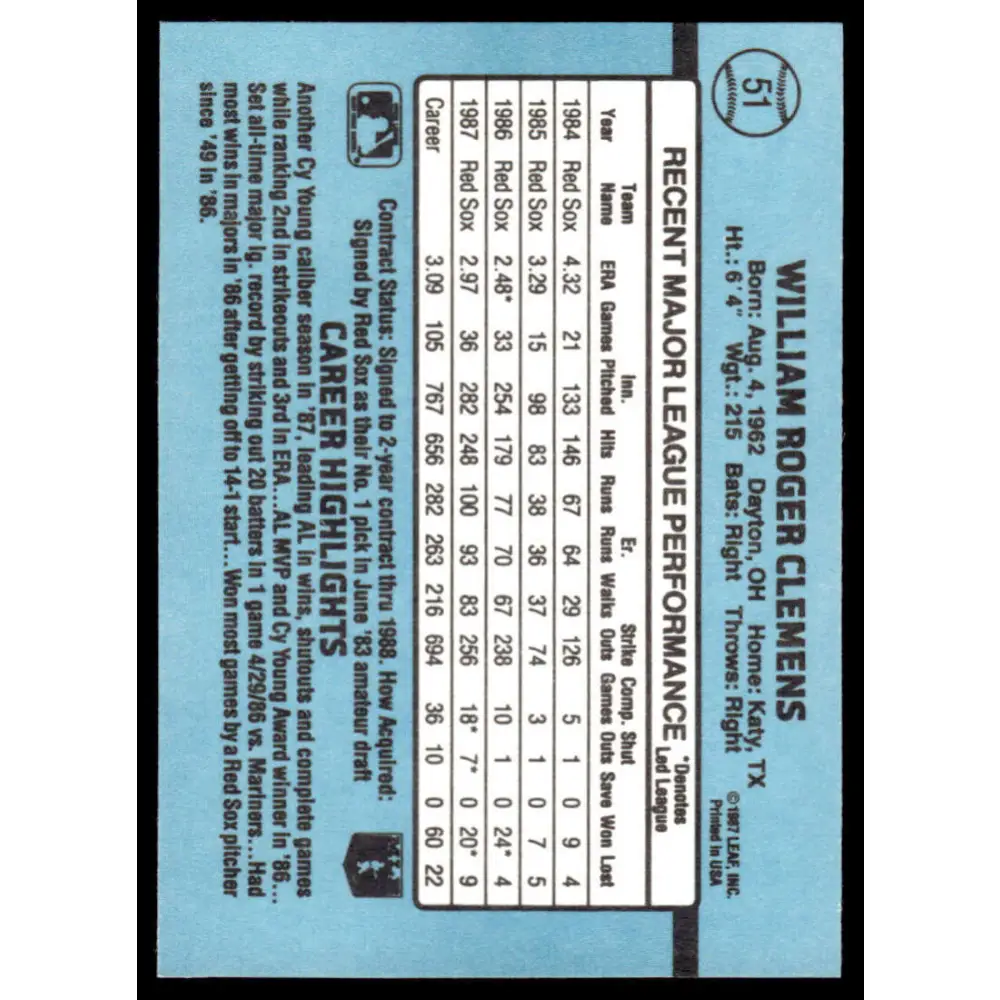 1988 Donruss #51 Roger Clemens EX/NM Boston Red Sox Baseball Card Image 2