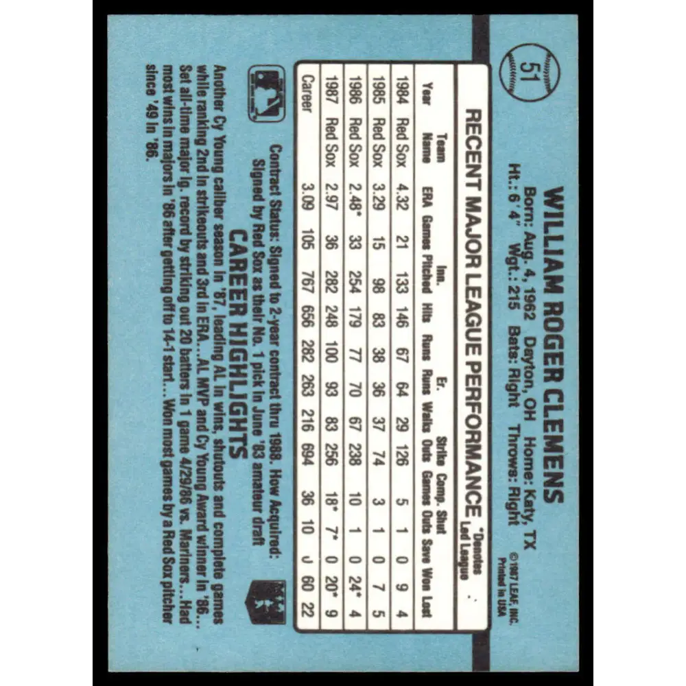 1988 Donruss #51 Roger Clemens EX/NM Boston Red Sox Baseball Card Image 2