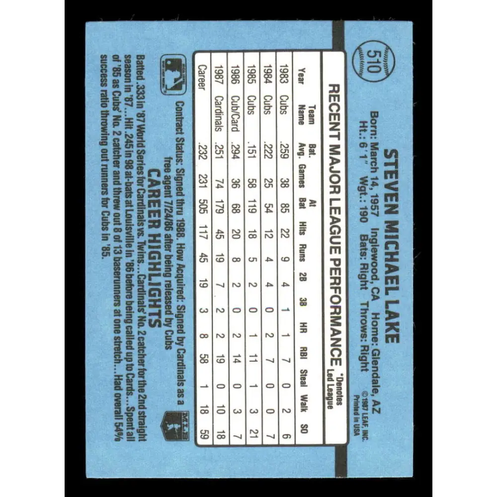 1988 Donruss #510 Steve Lake EX St. Louis Cardinals Baseball Card Image 2