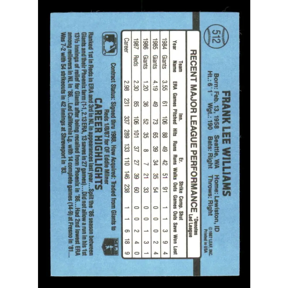 1988 Donruss #512 Frank Williams EX Cincinnati Reds Baseball Card Image 2