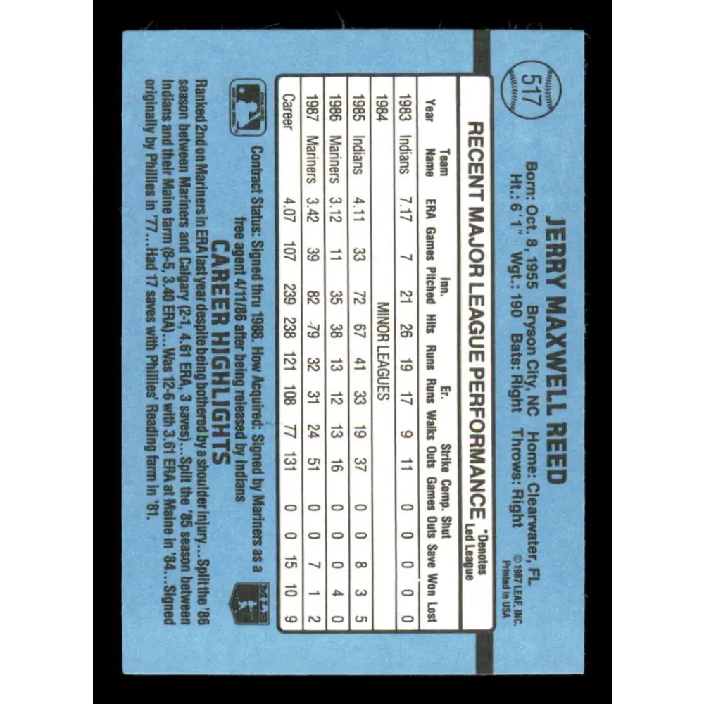 1988 Donruss #517 Jerry Reed EX Seattle Mariners Baseball Card Image 2