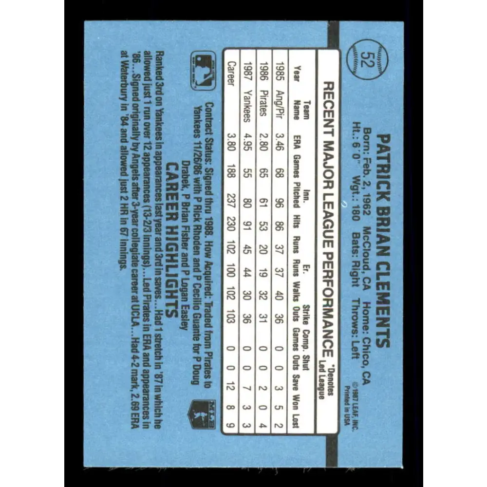 1988 Donruss #52 Pat Clements EX New York Yankees Baseball Card Image 2