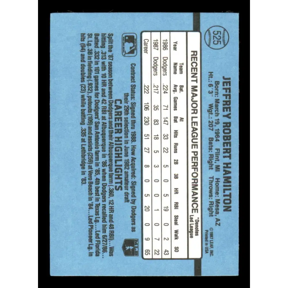 1988 Donruss #525 Jeff Hamilton EX Los Angeles Dodgers Baseball Card Image 2