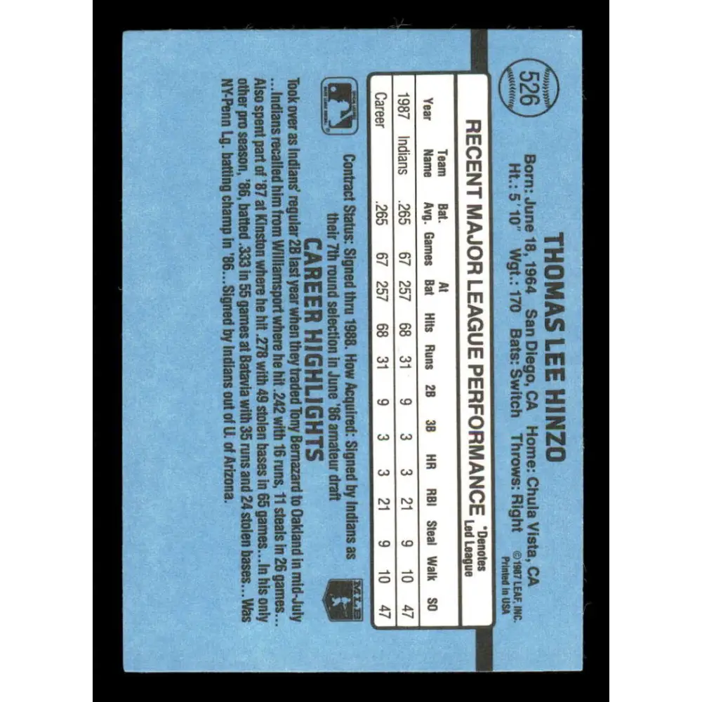 1988 Donruss #526 Tommy Hinzo EX RC Rookie Cleveland Indians Baseball Card Image 2