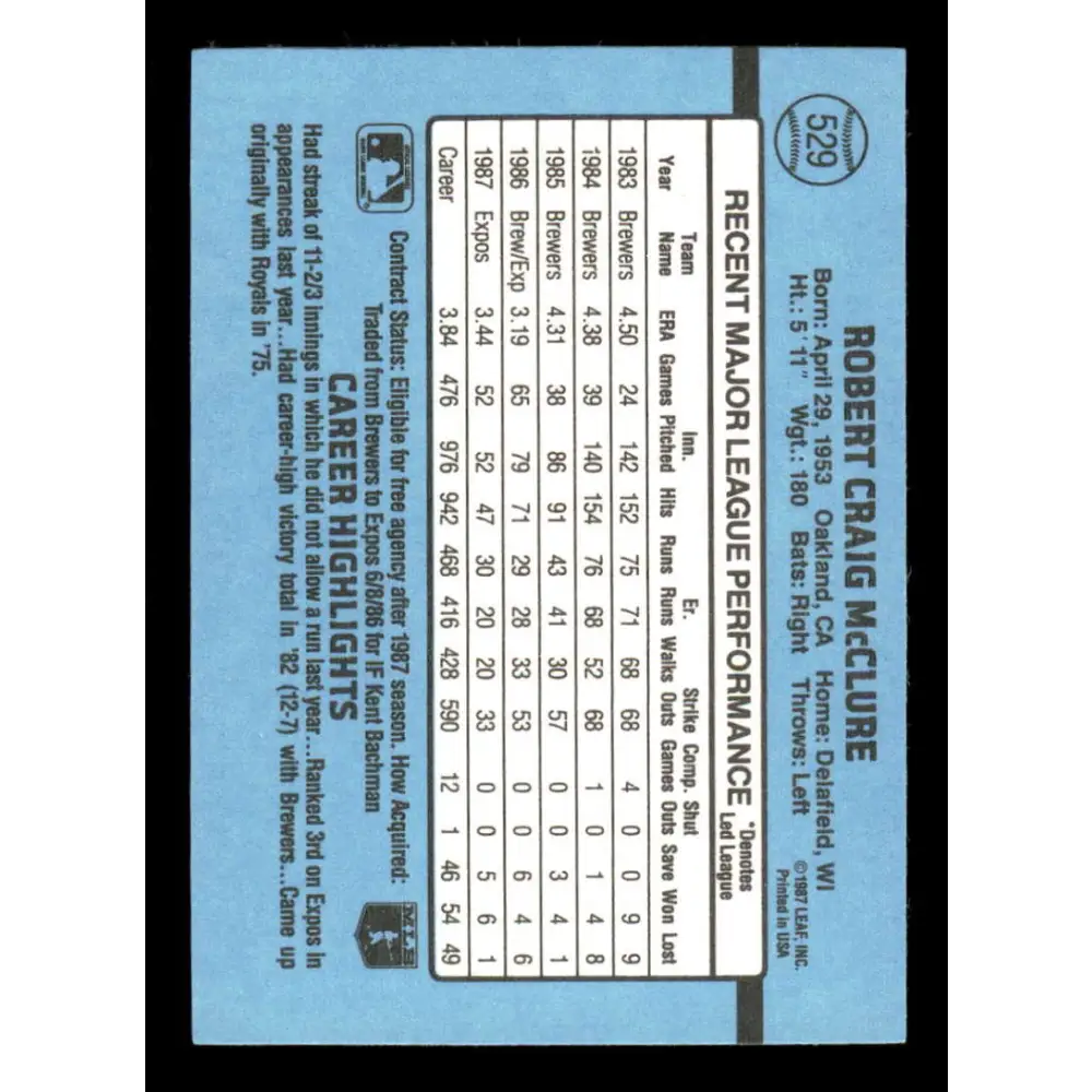 1988 Donruss #529 Bob McClure UER EX Montreal Expos Baseball Card Image 2