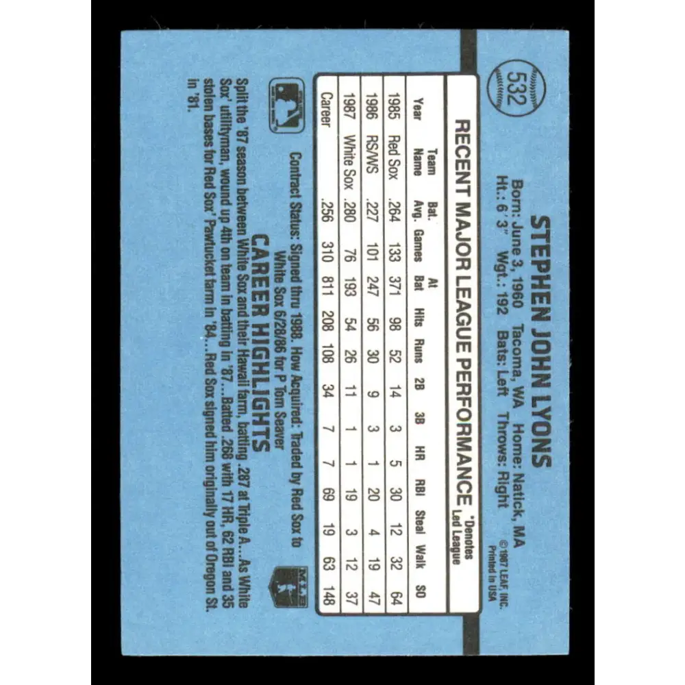 1988 Donruss #532 Steve Lyons EX Chicago White Sox Baseball Card Image 2