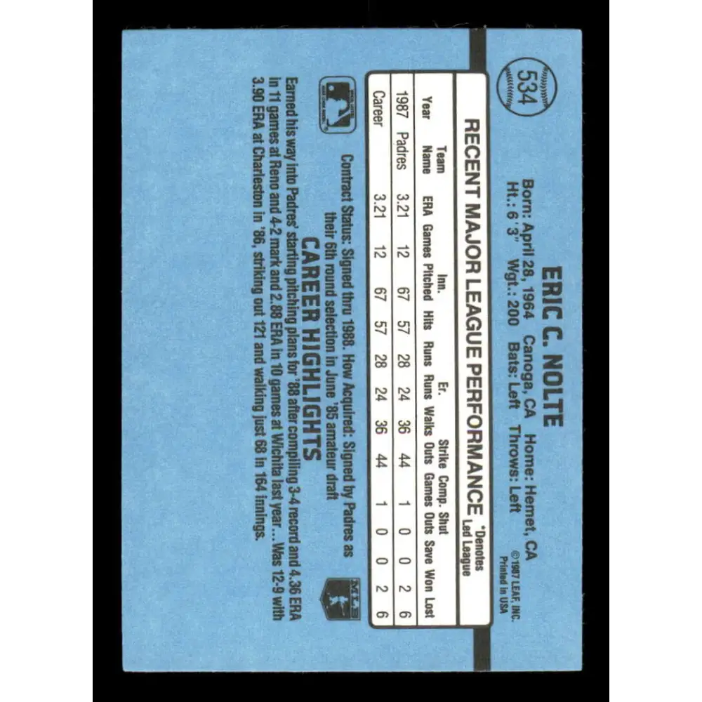 1988 Donruss #534 Eric Nolte EX RC Rookie San Diego Padres Baseball Card Image 2