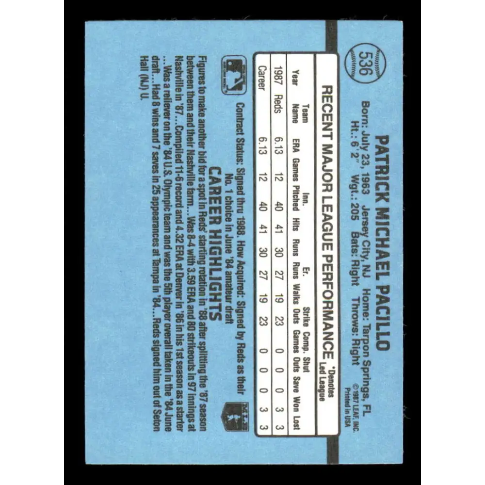 1988 Donruss #536 Pat Pacillo EX Cincinnati Reds Baseball Card Image 2