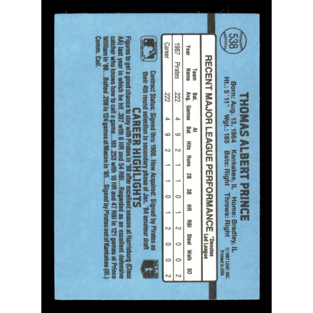 1988 Donruss #538 Tom Prince EX Pittsburgh Pirates Baseball Card Image 2