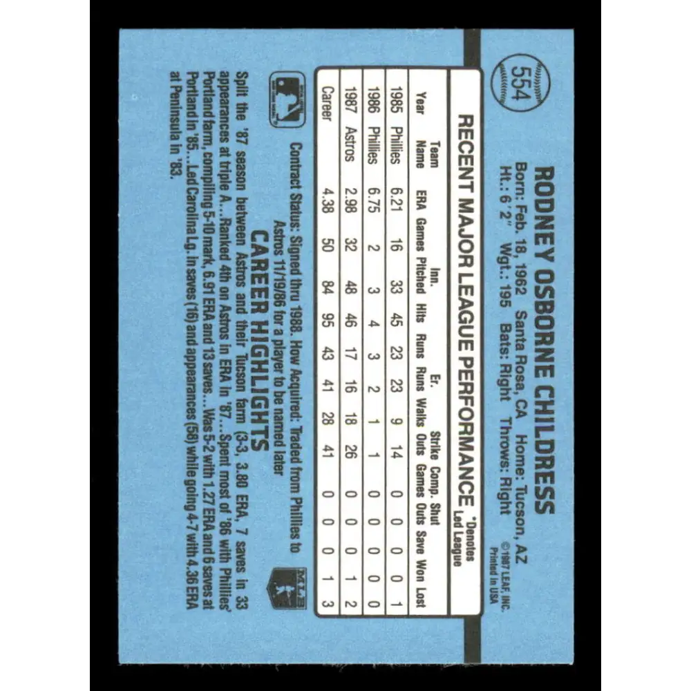 1988 Donruss #554 Rocky Childress EX RC Rookie Houston Astros Baseball Card Image 2