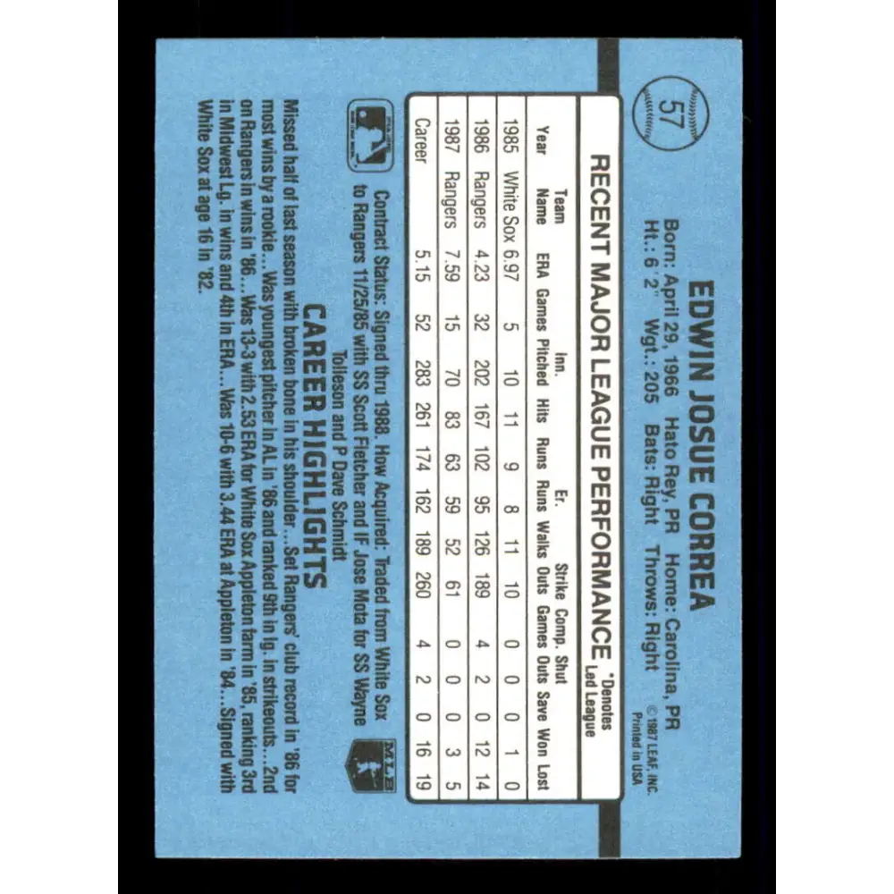 1988 Donruss #57 Ed Correa EX Texas Rangers Baseball Card Image 2