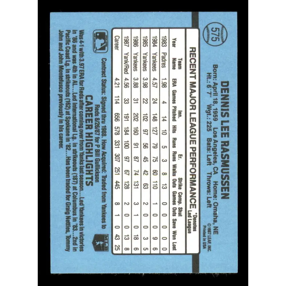 1988 Donruss #575 Dennis Rasmussen EX Cincinnati Reds Baseball Card Image 2