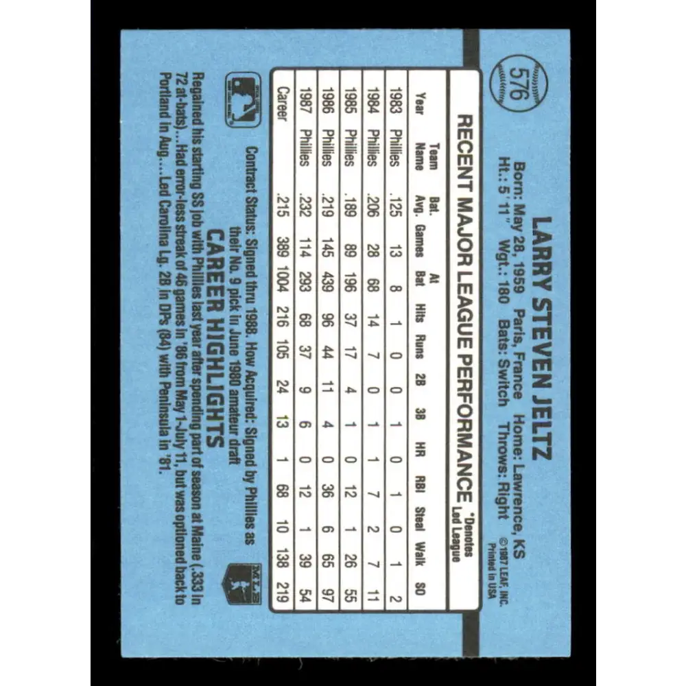1988 Donruss #576 Steve Jeltz UER EX Philadelphia Phillies Baseball Card Image 2