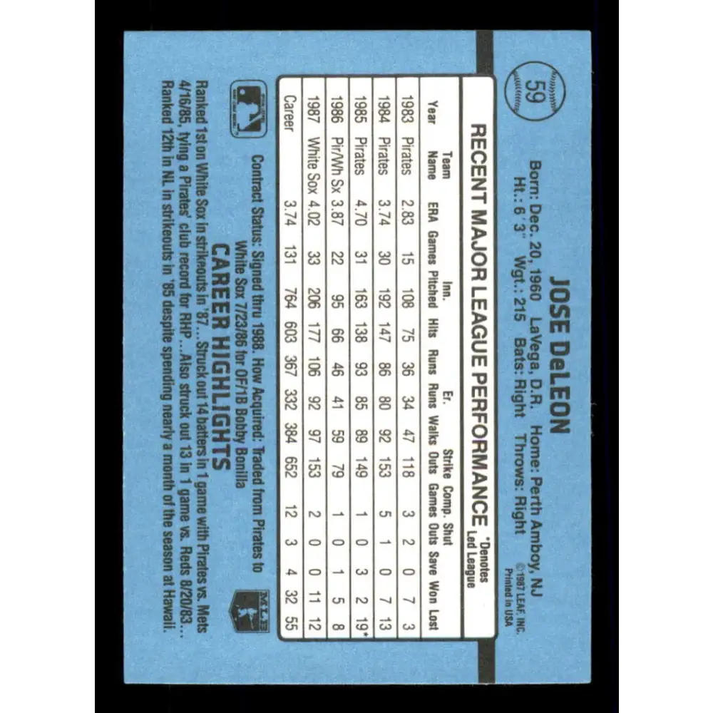 1988 Donruss #59 Jose DeLeon EX Chicago White Sox Baseball Card Image 2