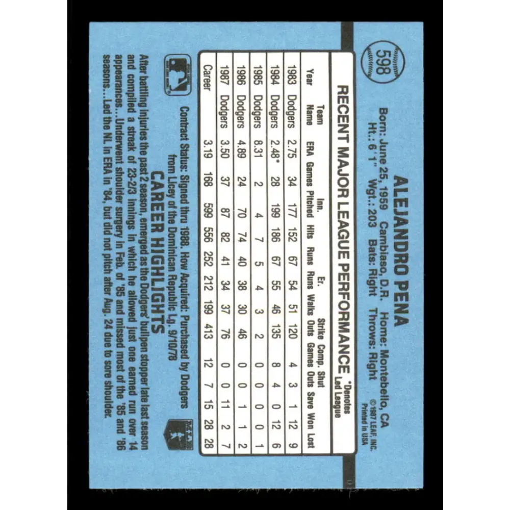 1988 Donruss #598 Alejandro Pena EX Los Angeles Dodgers Baseball Card Image 2