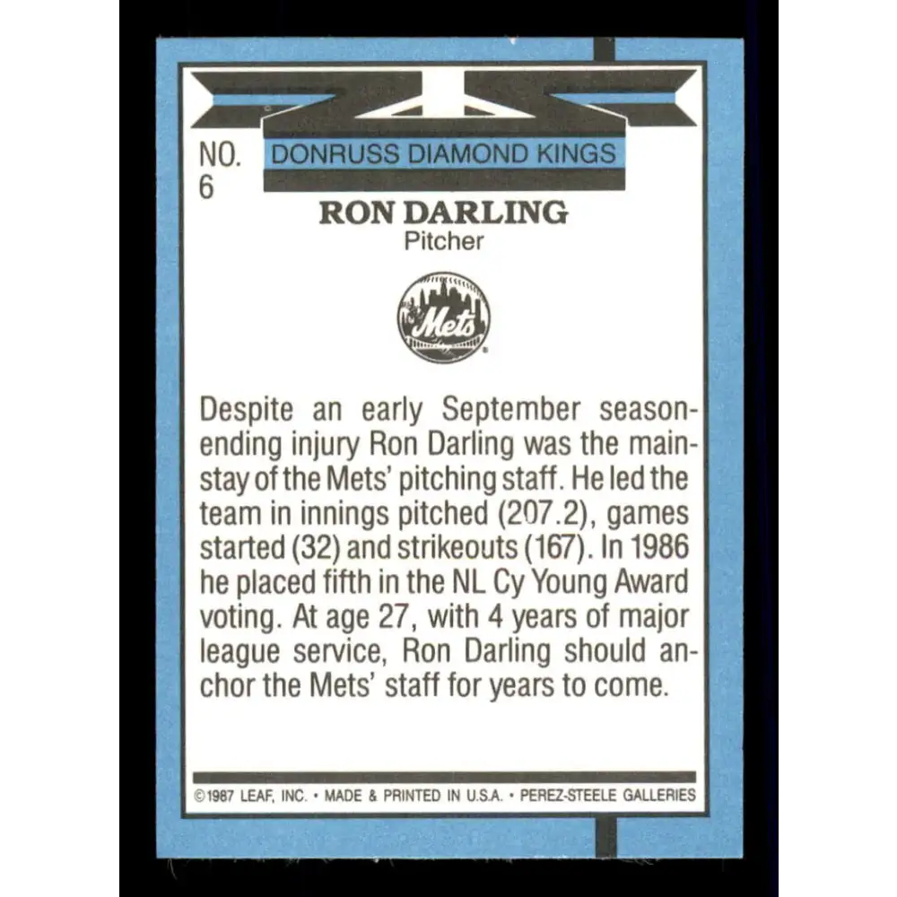 1988 Donruss #6 Ron Darling DK EX New York Mets Baseball Card Image 2