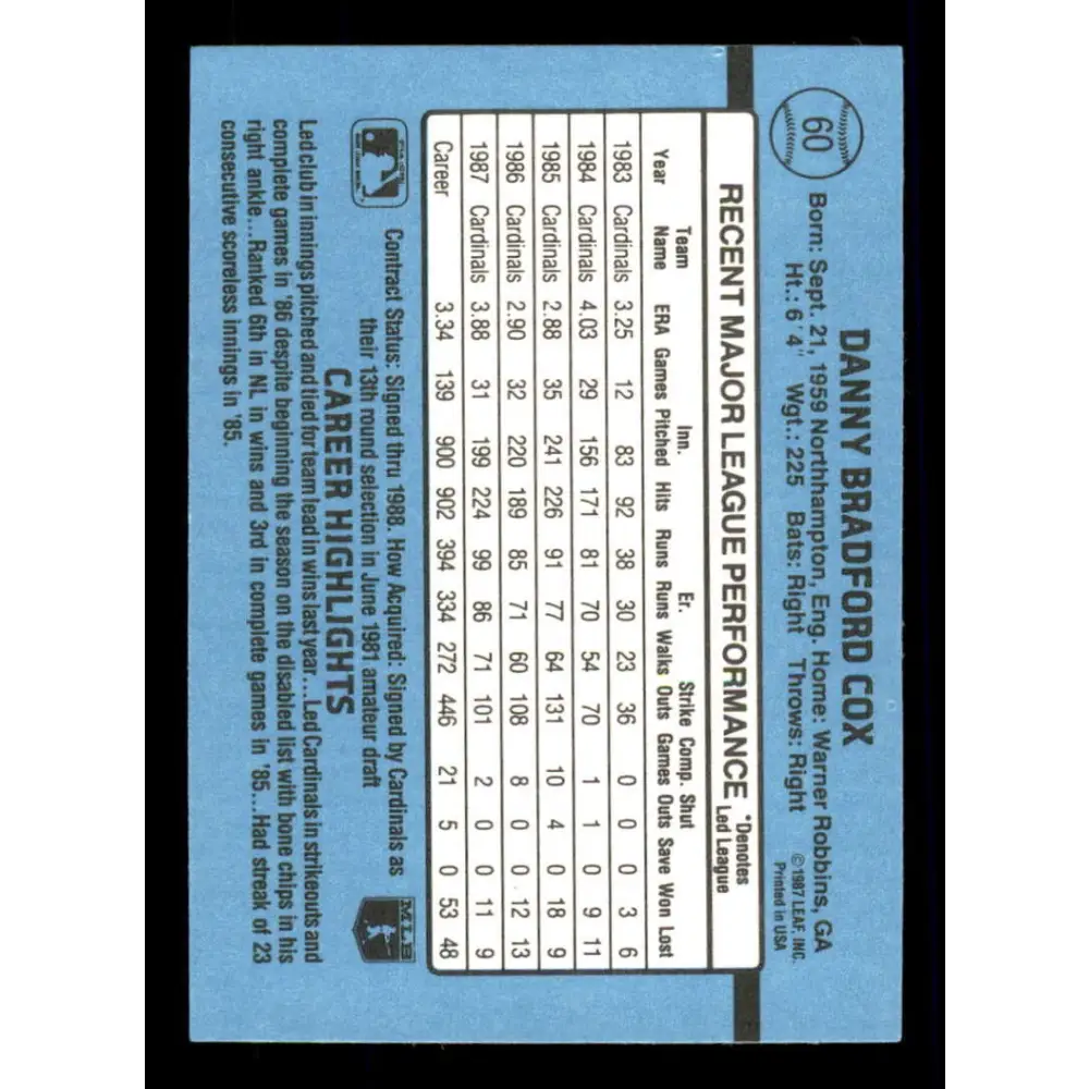 1988 Donruss #60 Danny Cox EX St. Louis Cardinals Baseball Card Image 2