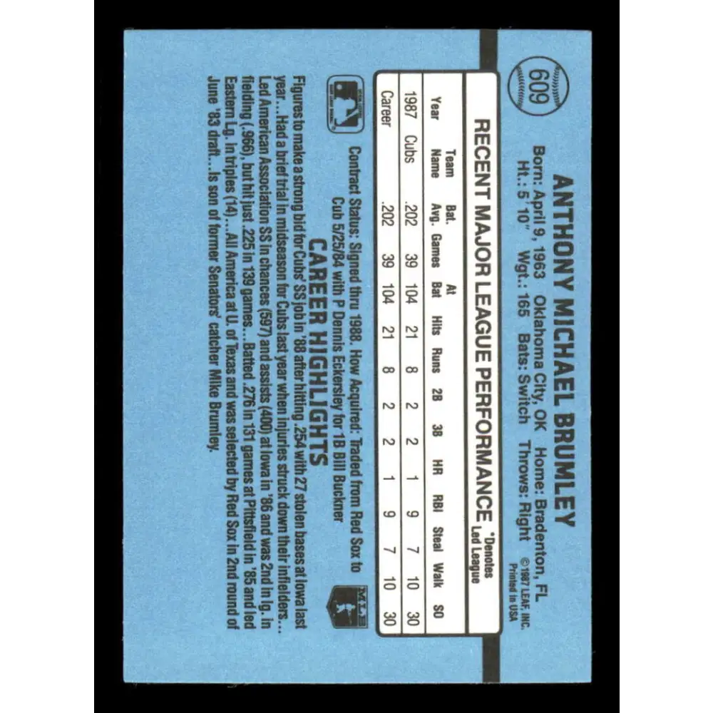 1988 Donruss #609 Mike Brumley EX RC Rookie Chicago Cubs Baseball Card Image 2