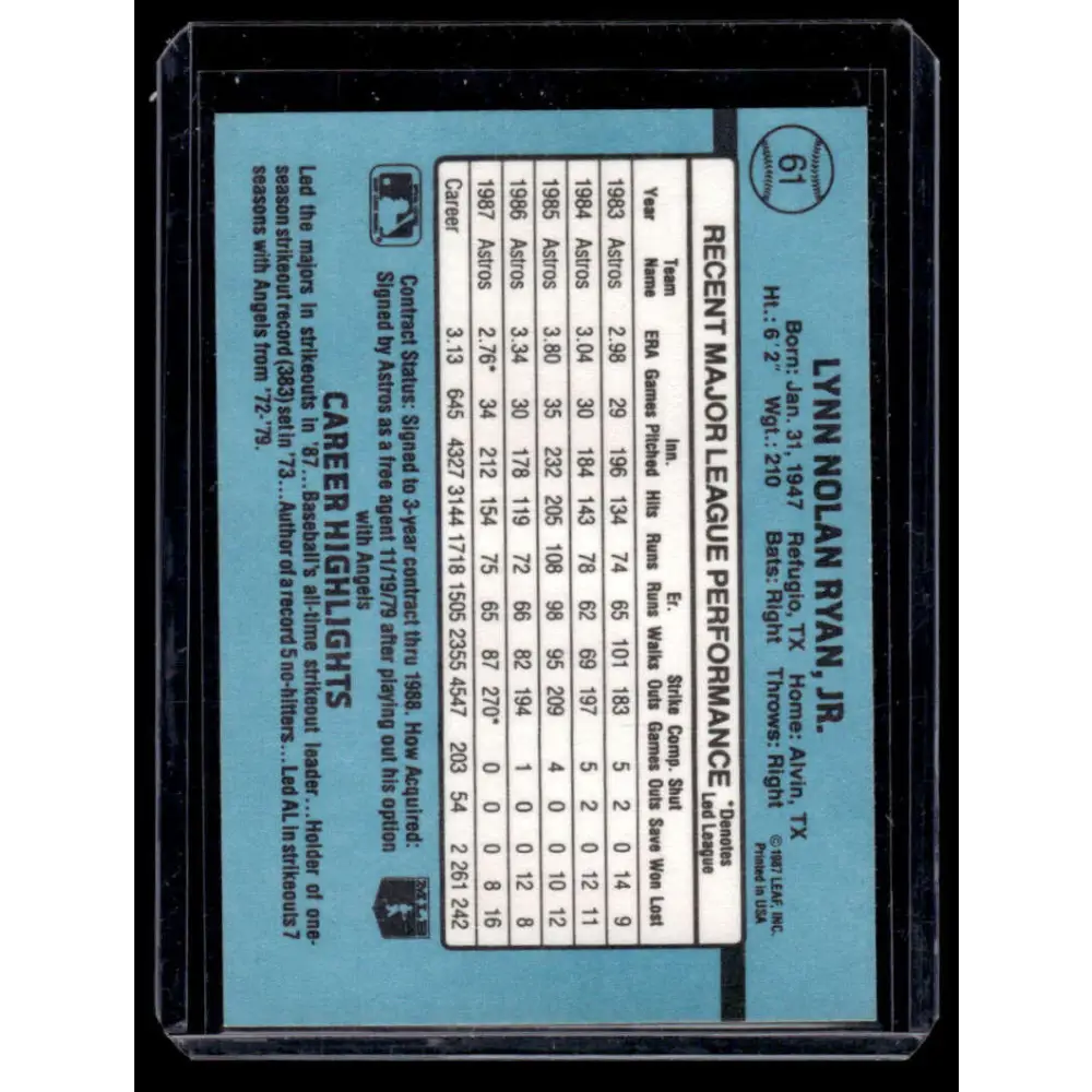 1988 Donruss #61 Nolan Ryan Houston Astros NM-MT Baseball Card Image 2