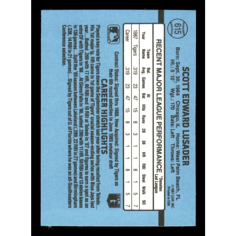 1988 Donruss #615 Scott Lusader EX RC Rookie Detroit Tigers Baseball Card Image 2