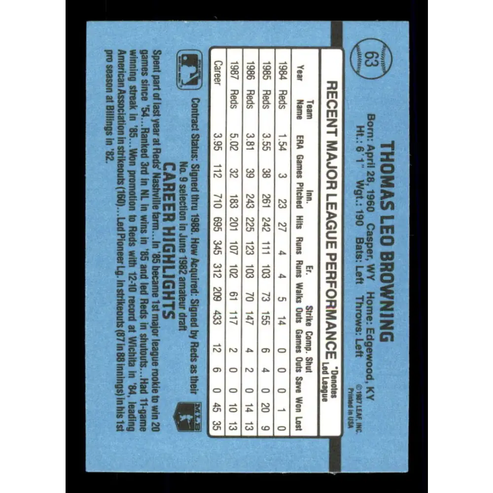 1988 Donruss #63 Tom Browning EX Cincinnati Reds Baseball Card Image 2