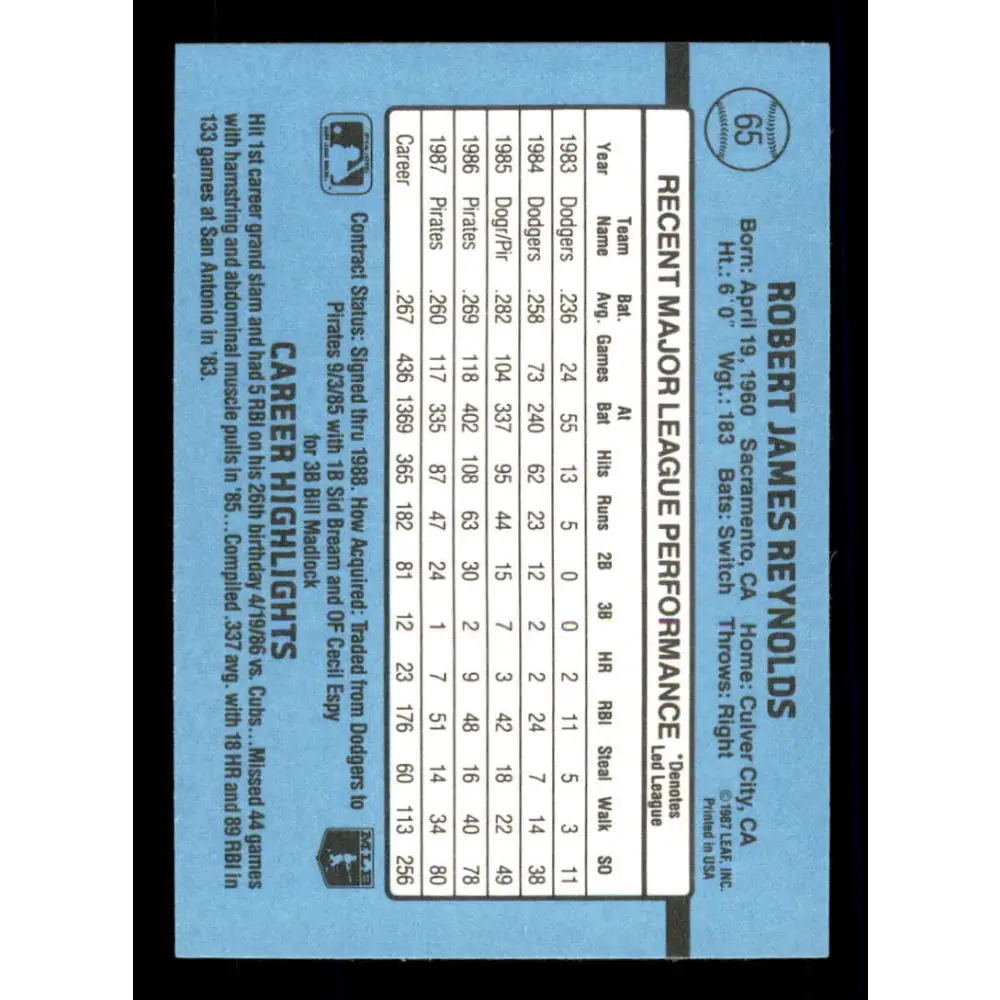 1988 Donruss #65 R.J. Reynolds EX Pittsburgh Pirates Baseball Card Image 2